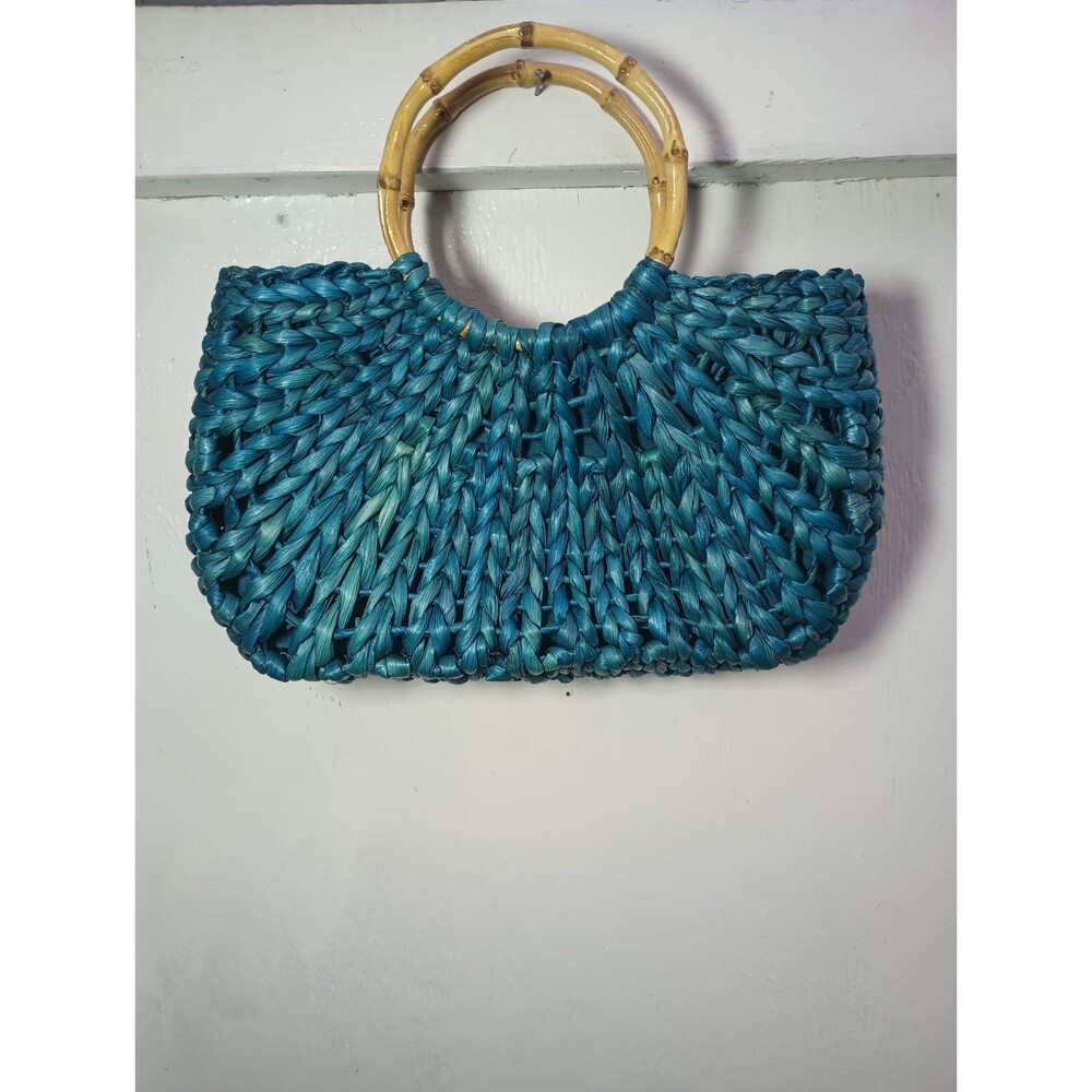Blue Ratan Woven Purse Wooden Circle Handles Small White Stag Zippered City...